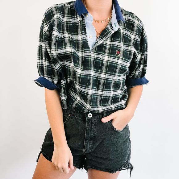 Tommy Hilfiger Tops - Tommy Hilfiger Green Plaid Cropped Polo